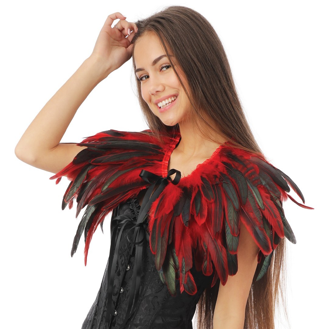 Gothic-Federschal/-Cape – Rot - Schwarz