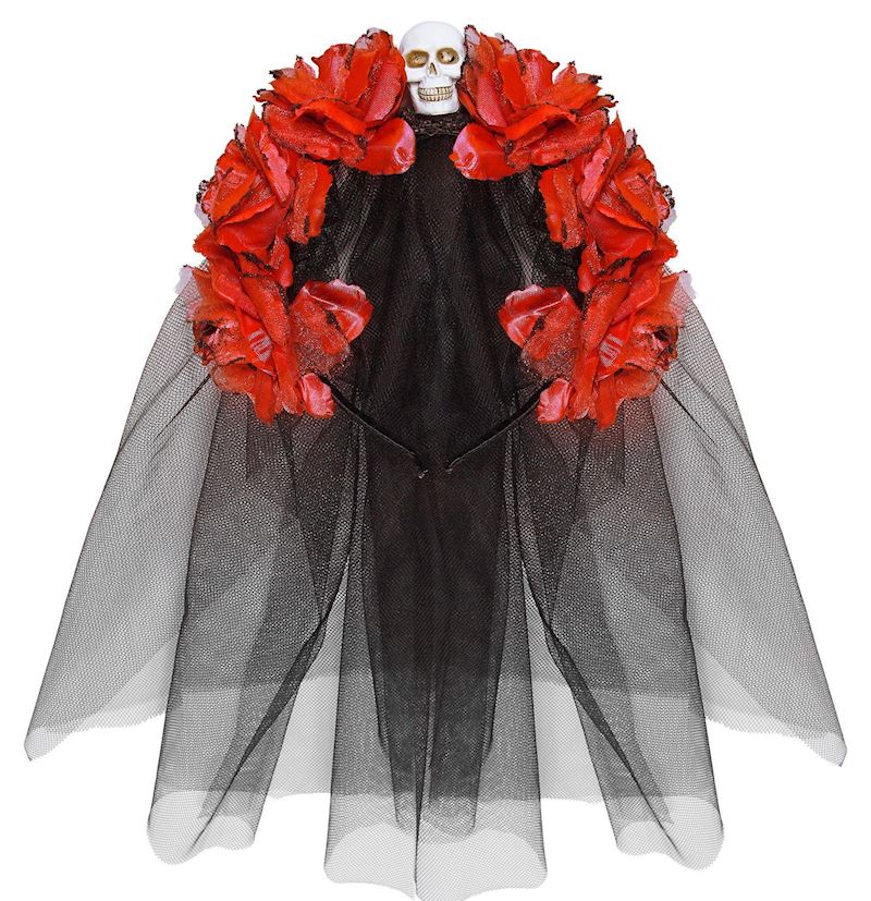 Haarreif mit Schleier, roten Rosen und Totenkopf