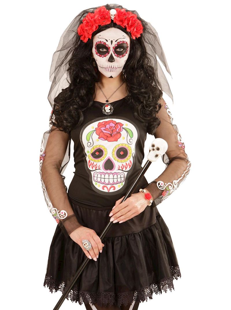 Haarreif mit Schleier, roten Rosen und Totenkopf