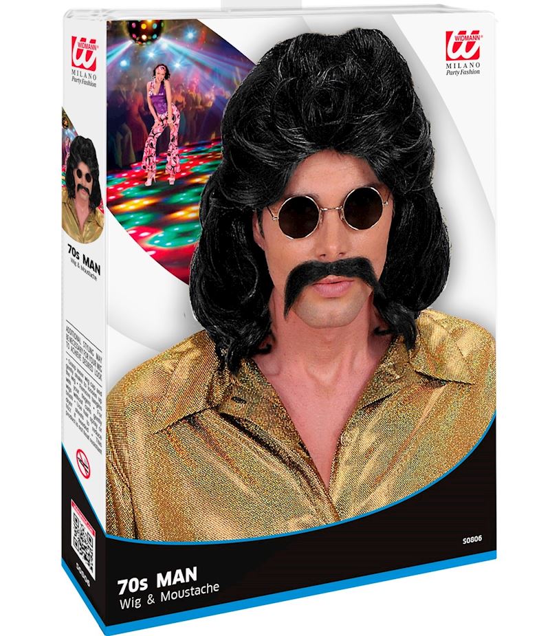Perücke/Schnauz schwarz 70er-Jahre Mann