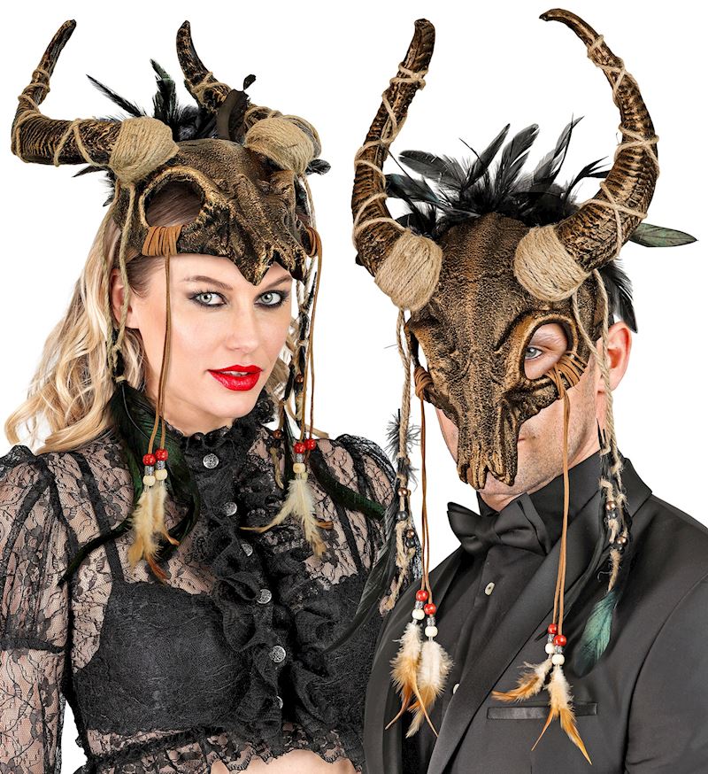 Schamanen Maske mit Hörner und Federn