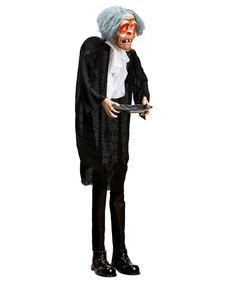 Butler mit Tablett mit Leucht- Augen und Horrorlachen