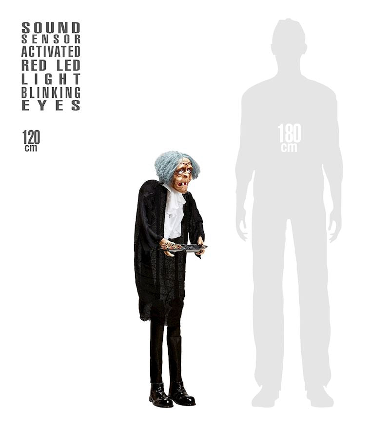 Butler mit Tablett mit Leucht- Augen und Horrorlachen