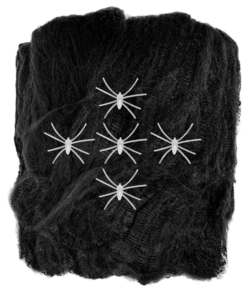 Spinnennetz schwarz 100 g mit 5 Spinnen nachtleuchtend