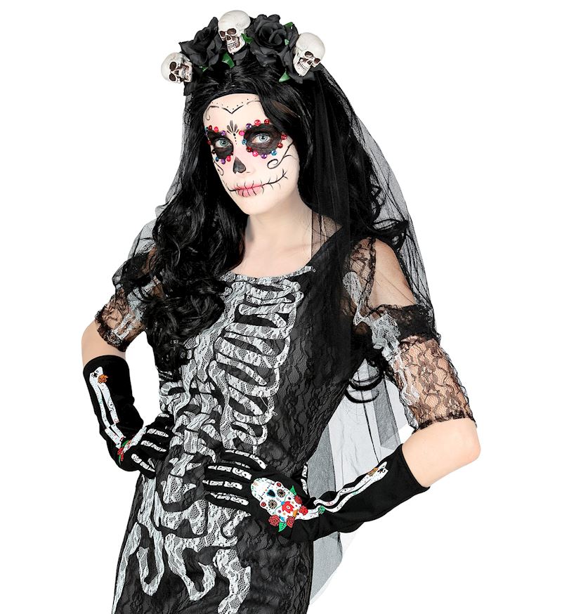 Brautschleier mit Totenköpfen und schwarzen Rosen