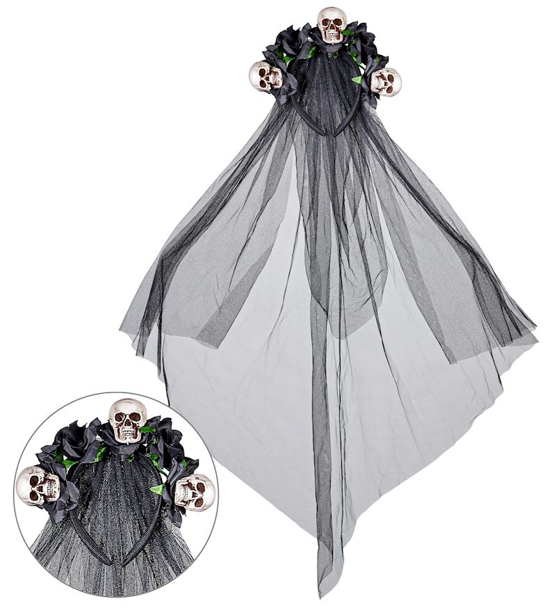 Brautschleier mit Totenköpfen und schwarzen Rosen