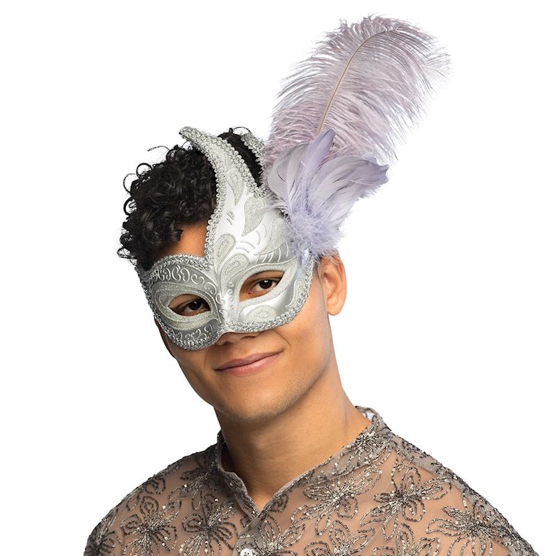 Domino / Augenmaske silber Veniceprezioso mit Feder