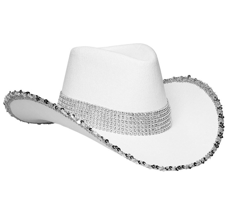 Cowboy Hut Girls weiss mit Glitzersteinen & Pailletten