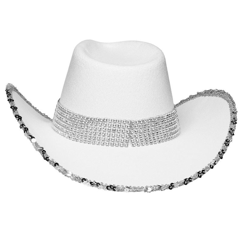 Cowboy Hut Girls weiss mit Glitzersteinen & Pailletten