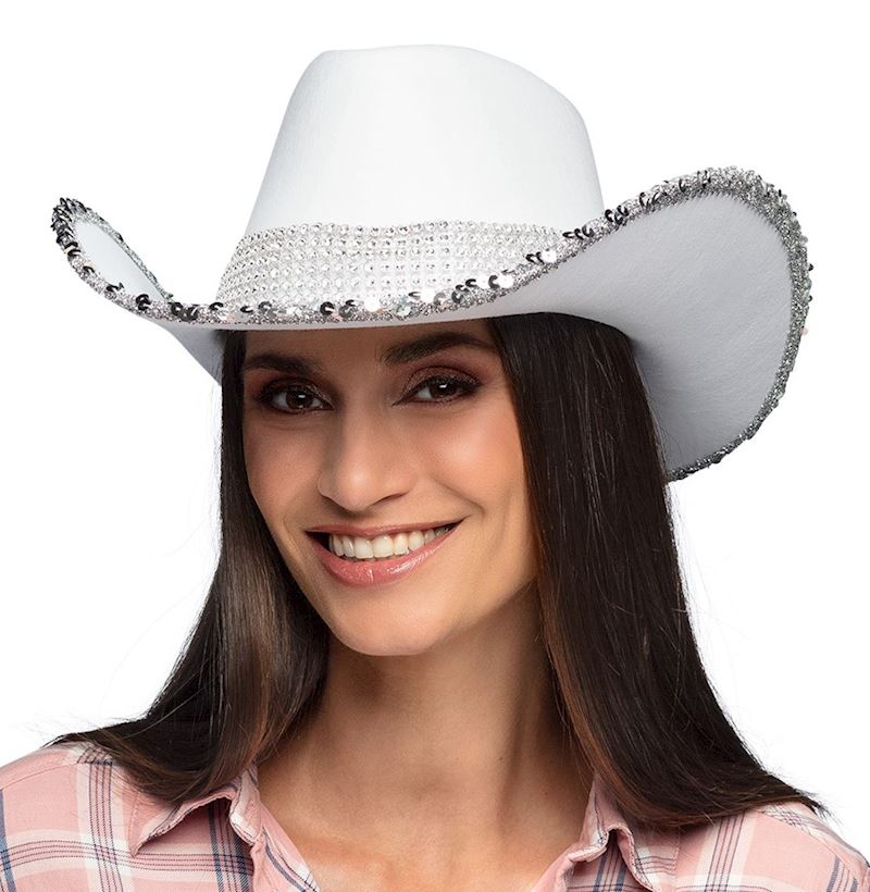 Cowboy Hut Girls weiss mit Glitzersteinen & Pailletten