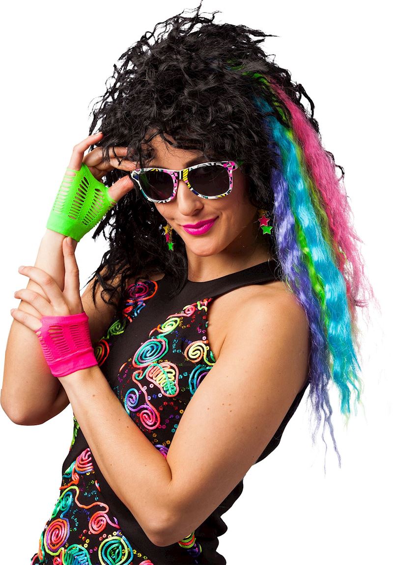 Set 80er Jahre neon, Brille, Haarsträhne mit Klammer,