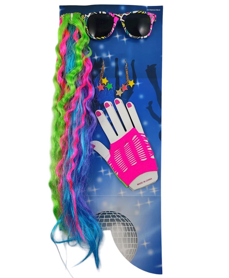 Set 80er Jahre neon, Brille, Haarsträhne mit Klammer,